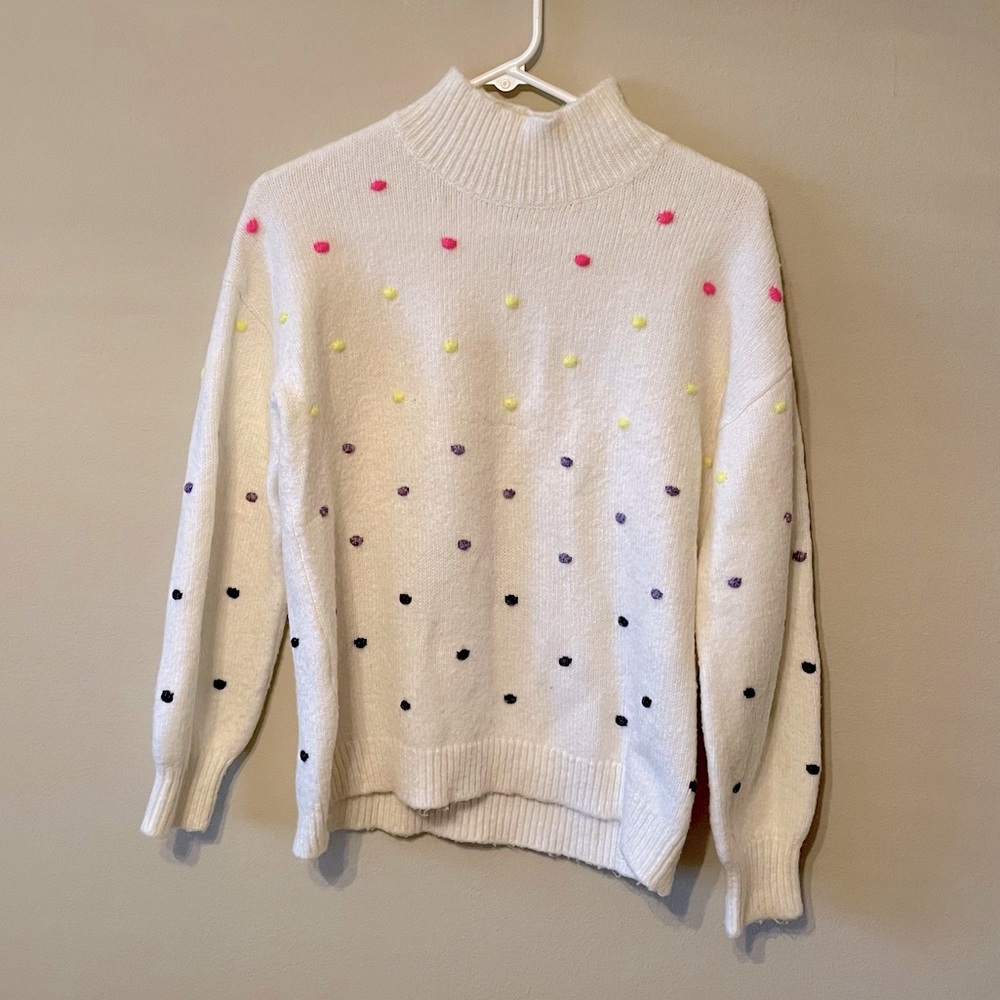 LOFT White Cowlneck Sweater with Pink, Yellow, Purple and Black Pom Dots